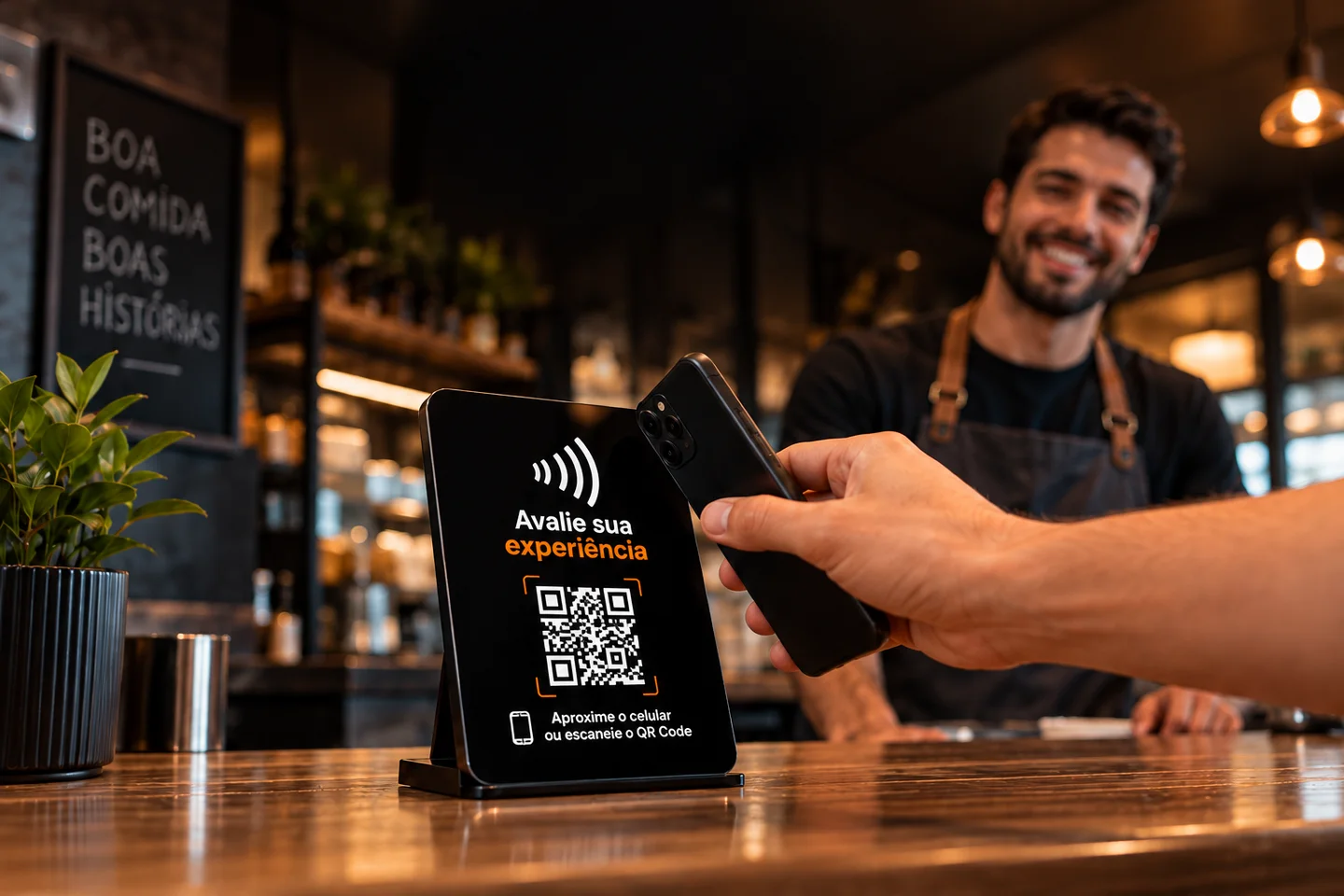 Imagem ilustrativa: cliente aproxima o celular de uma placa NFC no balcão de uma loja